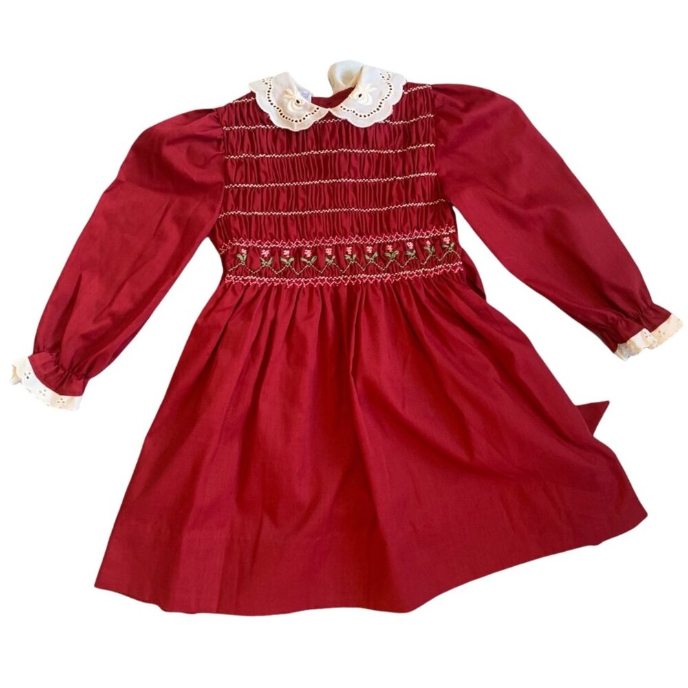 Vintage Polly Flinders Hand Smocked Floral Eyelet Peter Pan Collar Dress 5
